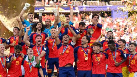 Spain’s national soccer team celebrates its 2026 FIFA World Cup triumph. (Photo: David Ramos/Getty Images, via Netflix Tudum)